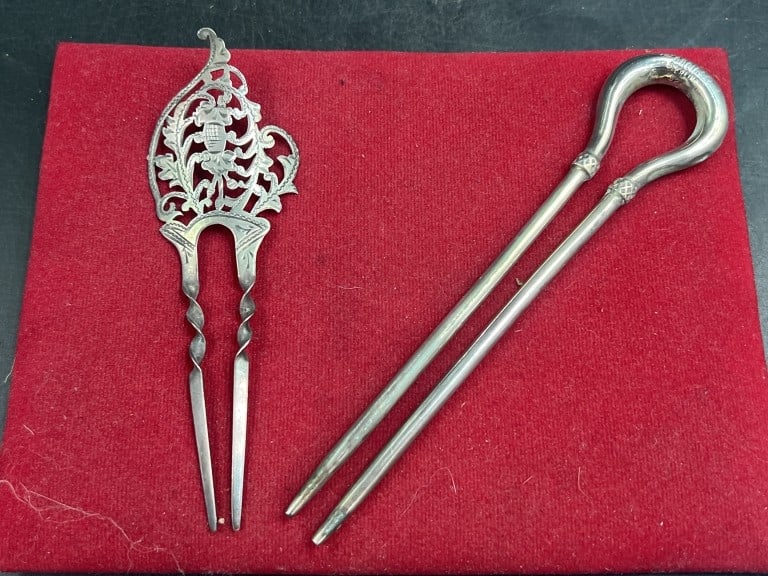 Antique Ornamental Hairpins Sterling Silver: Possibly of Dong Chinese origin. Condition is consistent with age and use, see pictures. Weigh 32.7g. No refunds given.