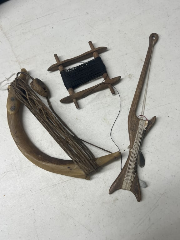 Antique Set of Primitive Wooden Fishing Hand Lines: Items are made of carved horn and wood (whale bone) and feature hand wound lines. The larger curved piece might be type of fishing hand line. Condition is consistent with age and use. See pictures. No