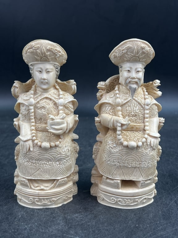 Vintage Chinese Emperor and Empress Figurines: Depicts traditional Chinese royalty in elaborate attire. Stand on separate base and are quite heavy for their size. Measures 6" w/o bases. Condition is good, see pictures. No refunds given.