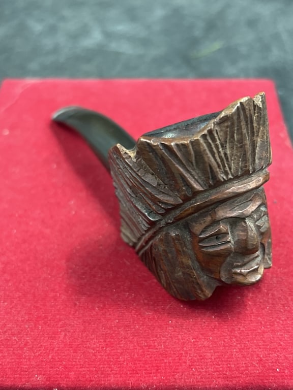 Vintage Hand Carved Italian Pipe Bowl: Pipe bowl featuring a face, Native American Figure or totem design. Dark rich finish and textured surface. Condition is consistent with age and use, appears good. No refunds given.