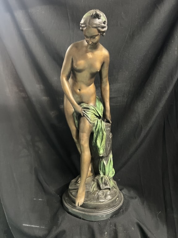 Bronze Statue 'The Bather' French: French sculptor "Etienne Maurice Falconet (1716-1791). Cast in bronze capturing the detailed form and flowing movement of figure. Measures about 29" h. Base has signature "Falconet". Condition appears