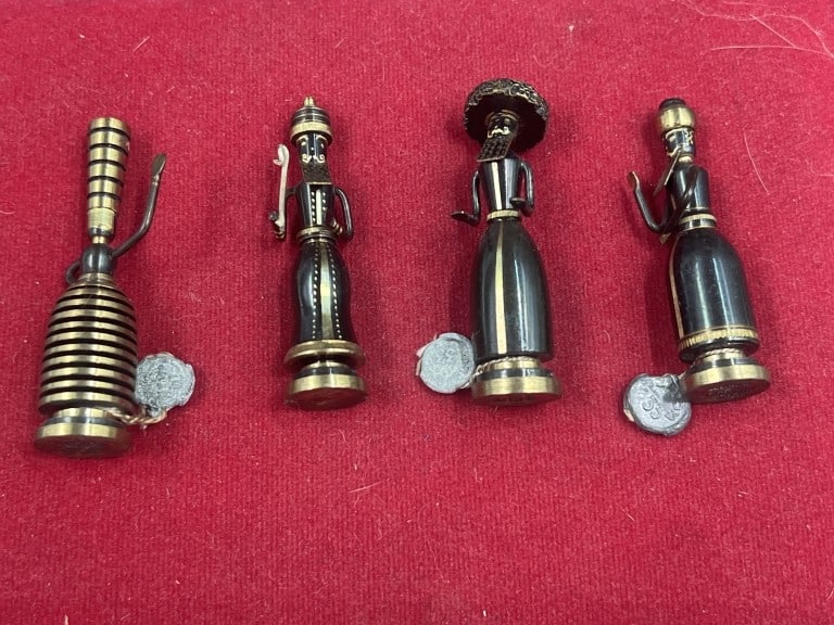 Vintage Israel Miniature Brass Figurines: Biblical figures by artist Hans Teppich. Figurines made of patinated brass often with black and gold accents. Each figure is typically marked with a stamp on bottom and often features a small swinging