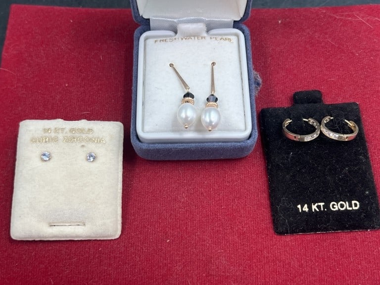 10kt and 14kt Gold Earrings: Total of 3 sets and all are new. One comes with box and others on original paper back. Condition is good. See pictures. No refunds given.