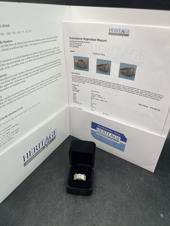 Antique 10kt Two Tone Masonic Ring with Diamonds: This item comes with appraisal from Heritage Appraisers. Weight is 1.953 dwt and diamond is 2.01ct. Clarity is 12, symmetry good and dimensions are 8.06mm, 8.04mm. Ring is size 11.5. 