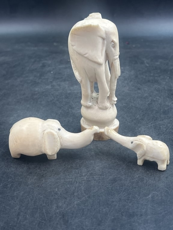 Vintage Elephant Figures: Total of 3 in this lot out of World Travelers Estate. They measures from 5" to 1 1/4". The larger one has some flea bites on ears, see pictures. Condition appears consistent with age and use,