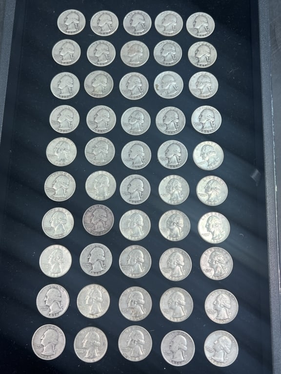 Silver Quarter Lots: Total of 50 silver quarters. The years vary from 1934 to 1962. Condition is consistent with age and use, see pictures. No refunds given.Condition Information: It is the responsibility of the