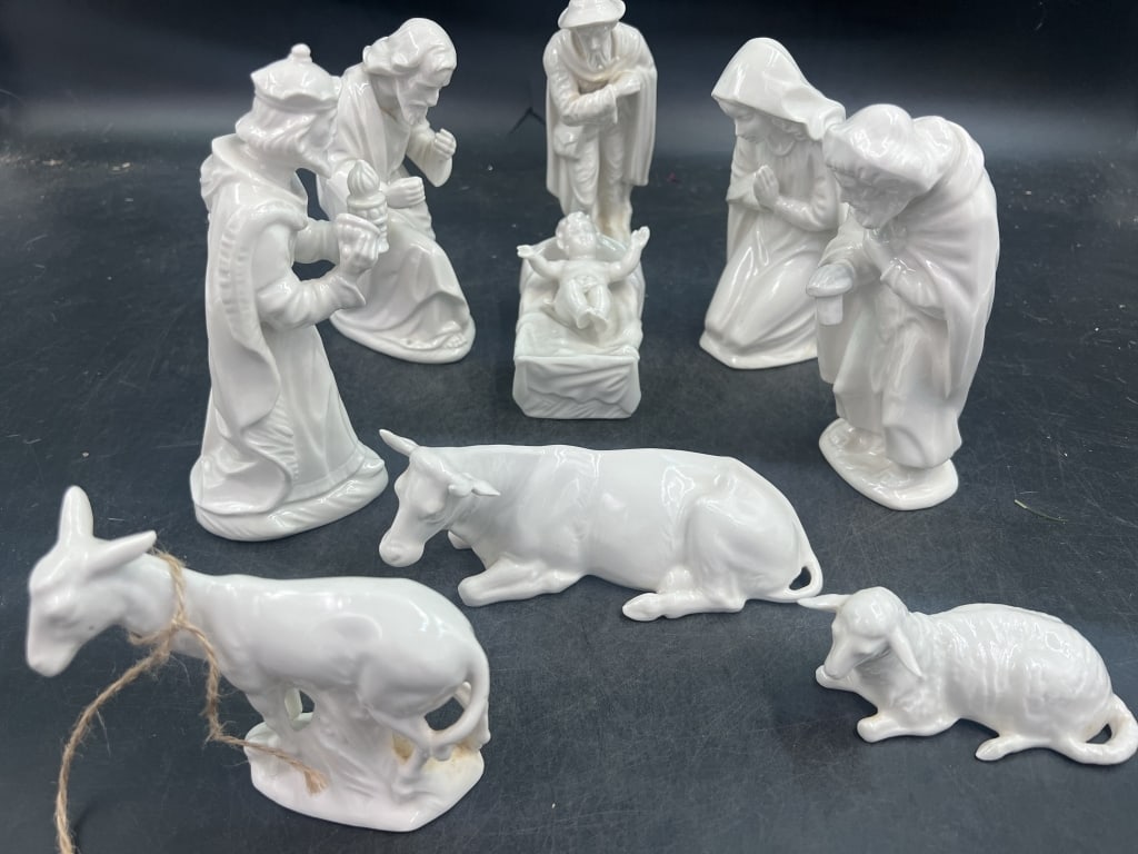 Vintage German Porcelain Nativity: Total of 9 Dresden pieces in this lot. Condition appears to be good, see pictures. Measures 8.5" and 9". No refunds given.Condition Information: It is the responsibility of the buyer to obtain all pos