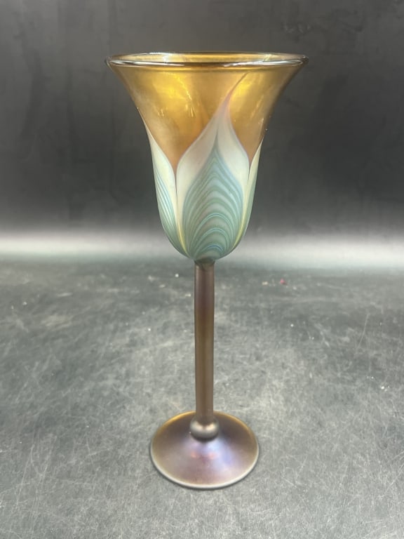 Studio Art Glass Pulled Feather Iridescent: Marked on bottom GBF 16 79-5 from the late 1970's. Measures 10 1/4" x 4". Condition is good, no chips or cracks. See pictures. No refunds given.Condition Information: It is the responsibility of the b