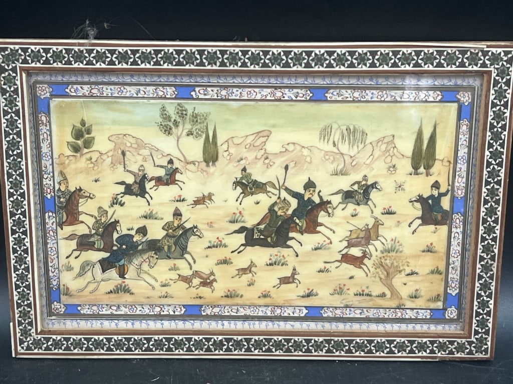Persian Miniature Painting: Painting depicting a hunting or battle scene. Features intricate details typical of Persian art. Created using pigments derived from minerals and precious stones on materials like paper, bone