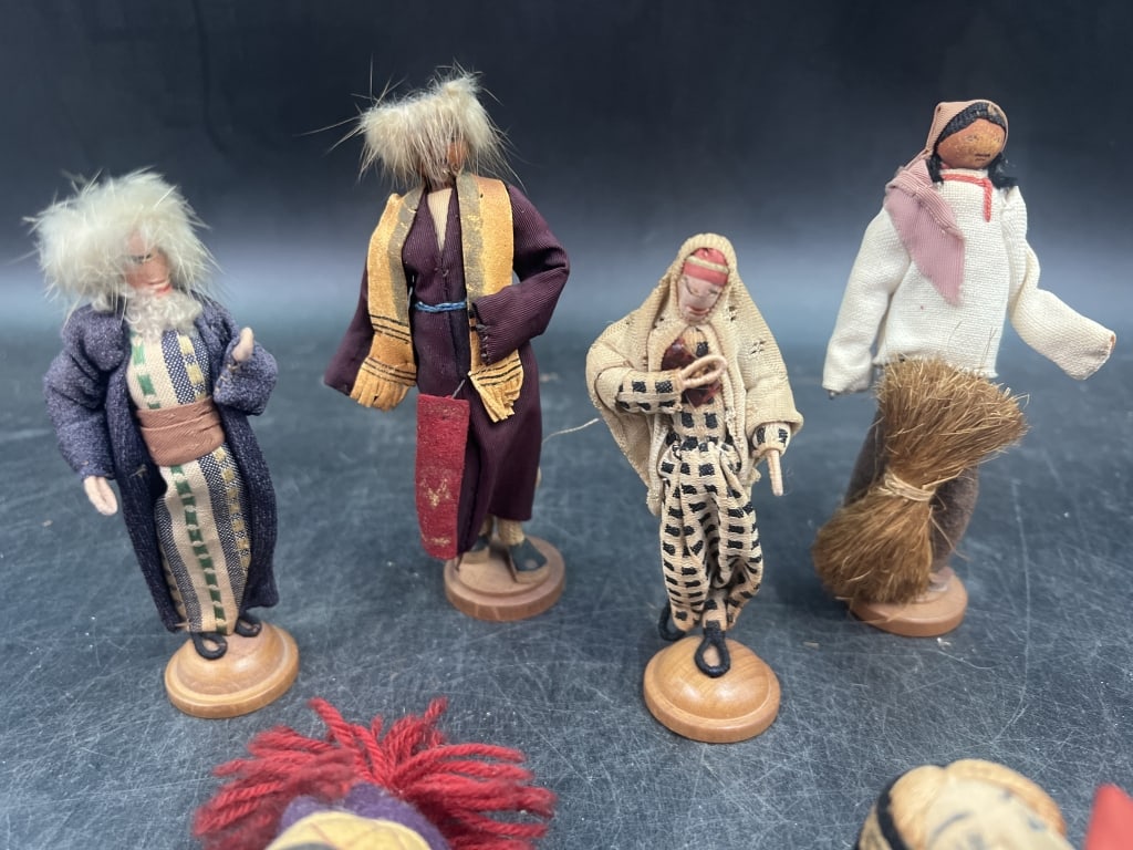 Vintage Handmade Souvenir Dolls Middle East: Handcrafted with detailed fabric clothing and wooden bases. Produced in Israel since 1950's. Total of 6 in this lot. They measure from 4.5" x 8". See pictures. No refunds given.Condition