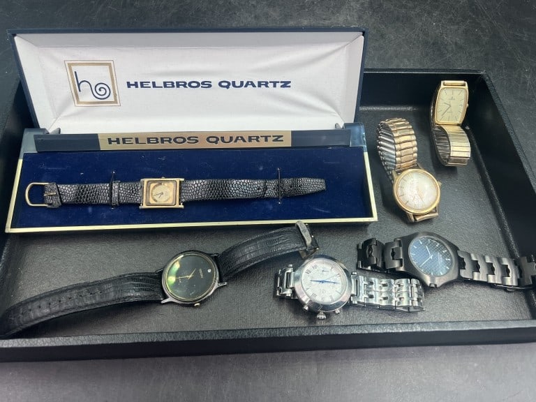 Vintage Watches: Total of 6 in this lot. They range from Lorus, Seiko, Watham 17 jewels, (2) Guess and Helbros Quartz in box. Condition is consistent with age and use, see pictures. No refunds given.Condition