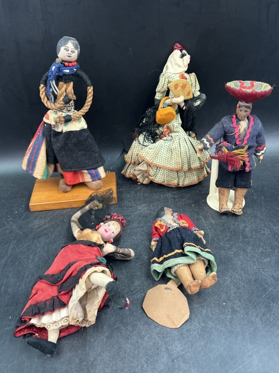 Vintage Spanish Flamenco or Fork Art Dolls: Total of 5 hand made dolls. They measures from 6 1/4" to 9". Condition is consistent with age and use, see pictures. No refunds given.Condition Information: It is the responsibility of the
