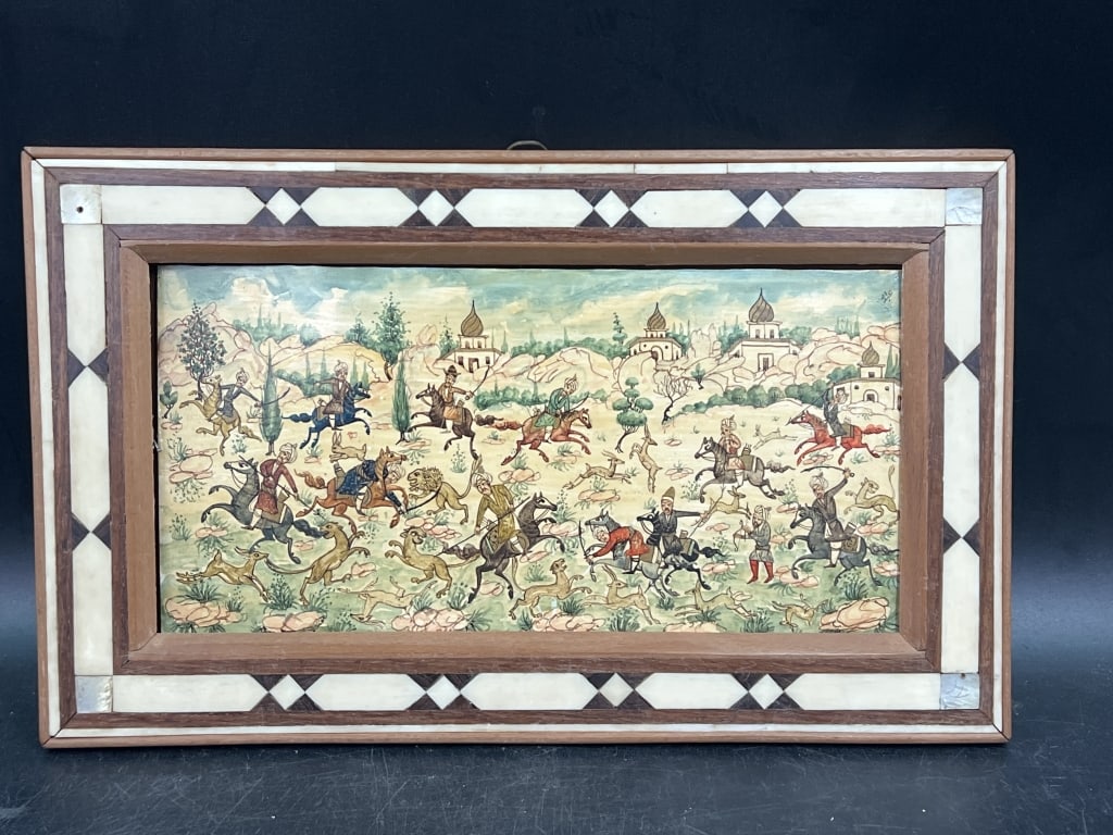 Antique Painting on Camel Bone Turkey: Depicting a traditional hunting scene. Artwork is meticulously painted on a a narrow strip of bone. Mounted in a decorative frame featuring inlaid mosaic pattern. Scene depicts riders on