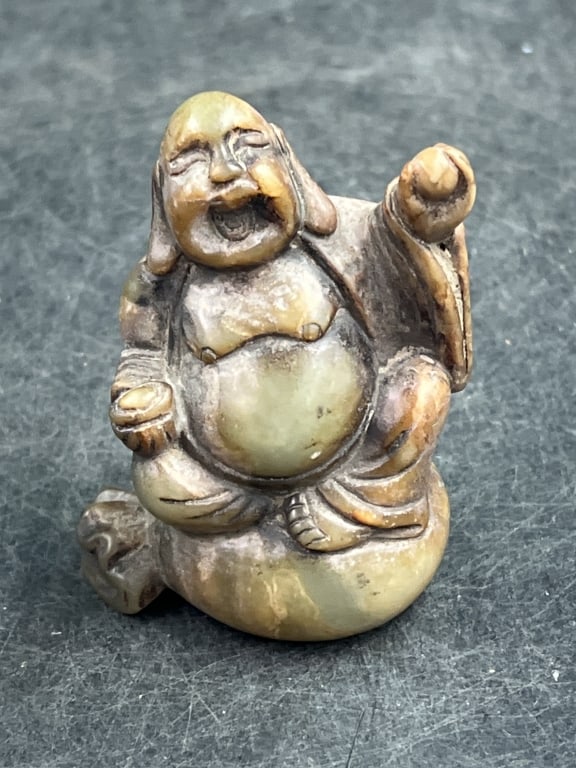 Vintage Carved Jade Laughing Buddha: Measures 2 3/4" x 2 1/4". Carved out of jade. Condition is good, see pictures. No refunds given.Condition Information: It is the responsibility of the buyer to obtain all possible information