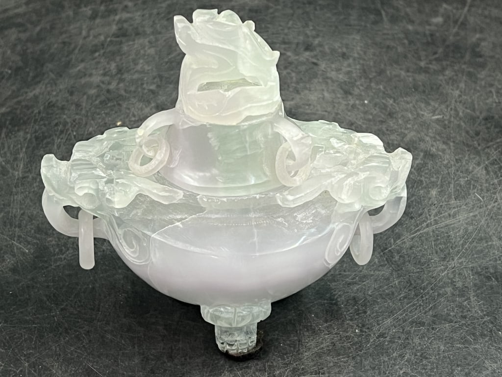 White Jade Foo Dog Incense Burner: Very intricately carved piece. Measures about 5" x 5 3/4" x 3 34". Condition is consistent with age and use, see pictures. No refunds given.Condition Information: It is the responsibility of