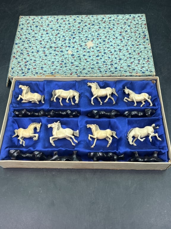 Vintage Set of Eight Horse: Known as "Horse of Mu Wang" in original box. Early 20th century China. come with small black stained wooden stands for display. See pictures, condition is good. No refunds given.Condition