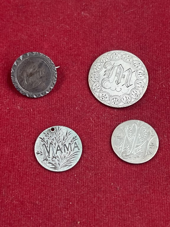 Vintage Silver Coins: Total of 4 coins in this lot and one made into a pin and 2 have holes for pendants. The years on coins are 1856, 1873, 1883 & 1882. Condition is consistent with age and use, see pictures. No
