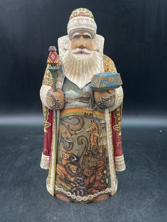 Russian Hand Carved Santa Claus Figurine: Also known as Ded Moroz. Measures 14" x 7.5". Scene intricately depicts a Noah's Ark scene. Condition is good, see pictures. No refunds given.Condition Information: It is the responsibility