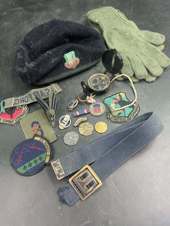 Vintage Military Items: Lot comes with gloves, patches, medals, belt, compass, etc. See pictures. Condition is consistent with age and use, No refunds given.Condition Information: It is the responsibility of the buyer