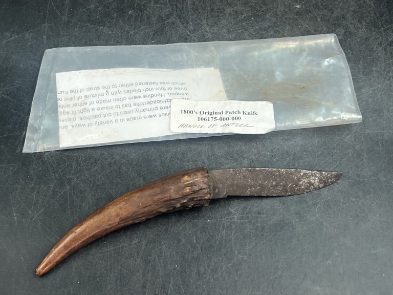 Vintage Patch Knife 18th Century: Primarily used to cut patches, piece of cloth or leather which were wrapped around the muzzle-loading rifle. Condition is consistent with age and use, see pictures. Measures overall 8". No