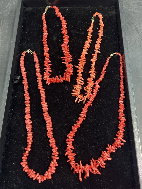 Branch Coral Beaded Necklaces: Total of 4 in this lot. They measures from 15" to 18". Condition is good, see pictures. No refunds given.Condition Information: It is the responsibility of the buyer to obtain all possible