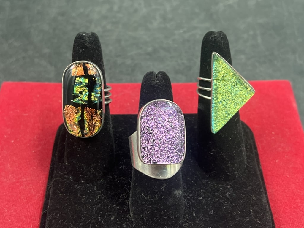 Barbie Koncher Sterling Rings: Total of 3 Barbie Koncher rings in this lot. Neat Art Deco rings that are self sizing and weigh 43.1g. All rings signed by designer. Condition is good, see pictures. No refunds