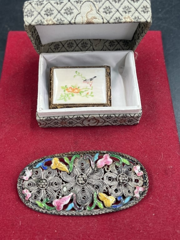 Vintage Jewelry: One is a Vintage Micro Mosaic Filigree brooch. Features intricate metalwork combined with tiny glass pieces arranged into floral patterns. The other piece features hand painted porcelain top