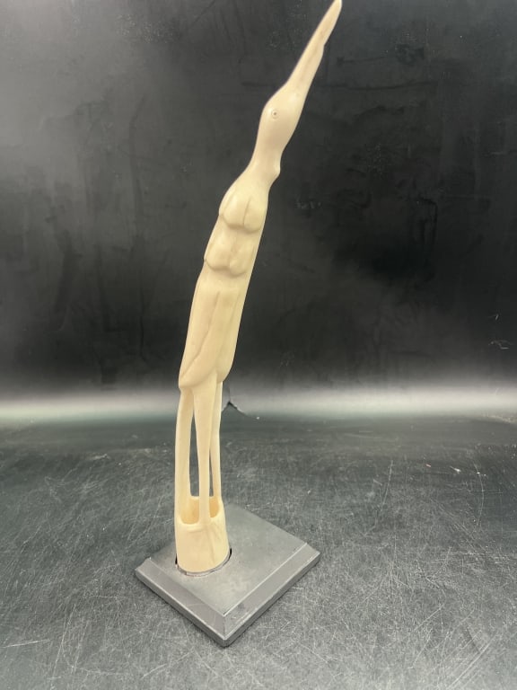 Vintage Stylized Sculpture Crane or Stork: Mounted on base. Elongated figure, see pictures. Measures overall 15 3/4". Condition appears to be good. No refunds given.Condition Information: It is the responsibility of the buyer to