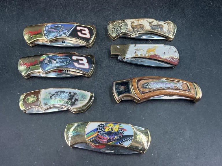 Franklin Mint Collectors Knives: Total of 7 knives in this lot. Knives have various scenes from Nascar, to wildlife, fish. Condition is consistent with age and use, see pictures. No refunds given.Condition Information: It is the resp
