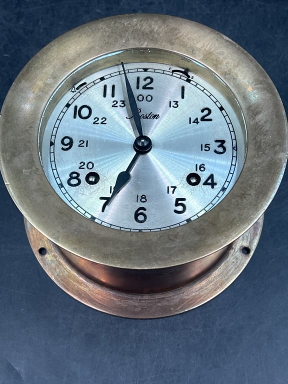 Chelsea Boston Ships Bell Clock: Maritime style timepiece featuring a solid brass porthole casing and silvered dial. Measures 3.5" x 5.5" and has key. Condition is consistent with age and use, see pictures. No refunds given.Condition