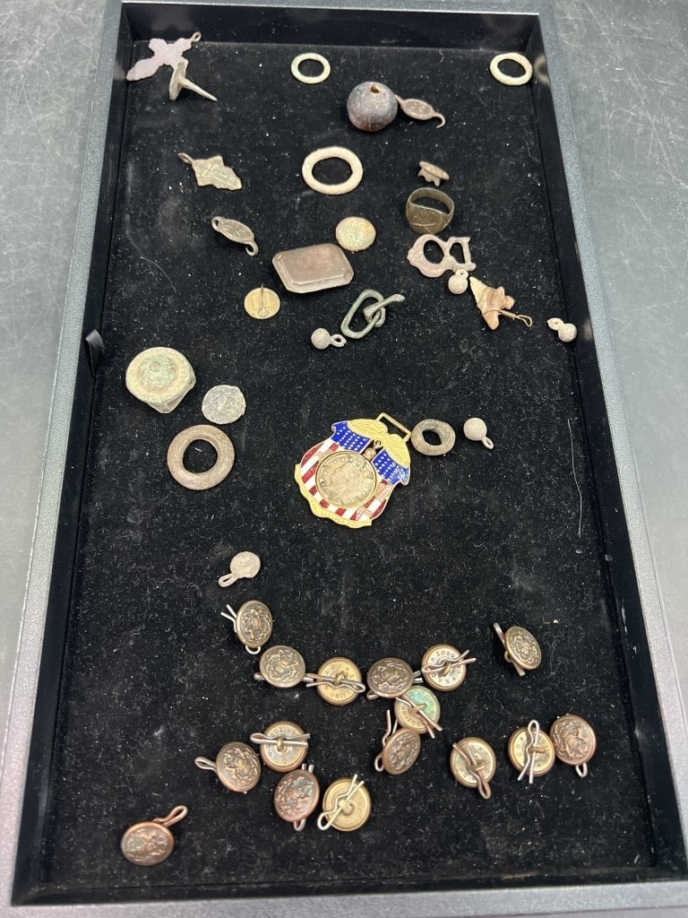 Metal Detected Pieces: Neat lot of various dug pieces items, see pictures. Liberty Head coin in pendent, collectible buttons, archeological finds, etc. Condition is consistent with age and use. No refunds