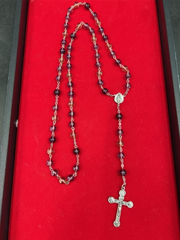 Vintage Sterling Rosary with Amethyst & Crystal: Handcrafted Catholic rosary featuring amethyst and cryal beads, silver crucifix and centerpiece. Beads often made from purple amethyst glass or Czech crystal. Produced in Italy and Portugal. 