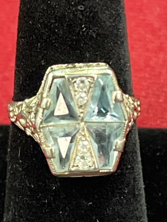 Vintage 14kt Art Deco Ring with Geometric Stone: Ring set in a shield design very beautiful Art Deco style. Ring is a size 8 and weighs 3.1g. Condition is consistent with age and use, see pictures. No refunds given.Condition Information: It is the r
