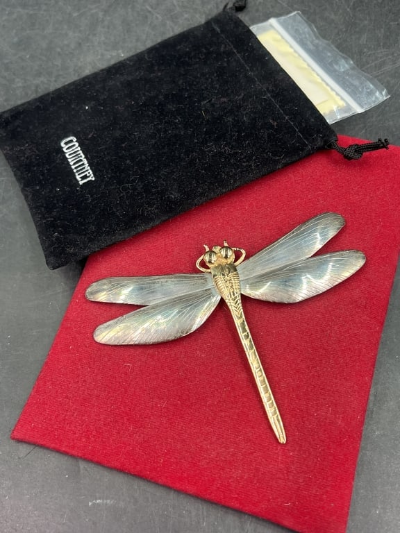 Sterling Silver Dragon Fly Brooch/Pendant: Designer "Courtney" comes with original felt bag and paperwork. Measures 3 1/4" x 4.5" and weighs overall 25.4g. Condition is good, see pictures. No refunds given.Condition Information: It is the resp