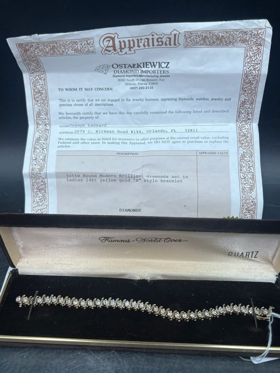 14kt 5 Carat Diamond Bracelet: Weighs 19.66g and comes with Certificate. Bracelet is a 5 carat round modern brilliant diamonds set in 14kt yellow "S" style bracelet. Condition is good, see pictures. No refunds