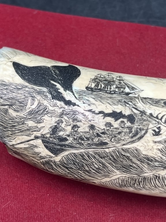 Whale Artwork of Ship Harpooned: This is a Stunning early work of whale after being harpooned. Measures about 7.5" and weighs 395.7g. Large piece. Condition is consistent with age and use, see pictures. No refunds