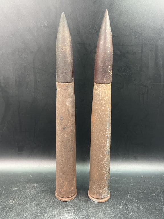 Vintage Artillery Wooden Projectile: Total of 2 in this lot. Likely from WWII ear Inert artillery ammunition. Measures about 18" and condition is consistent with age and use, see pictures. No refunds given.Condition Information: 