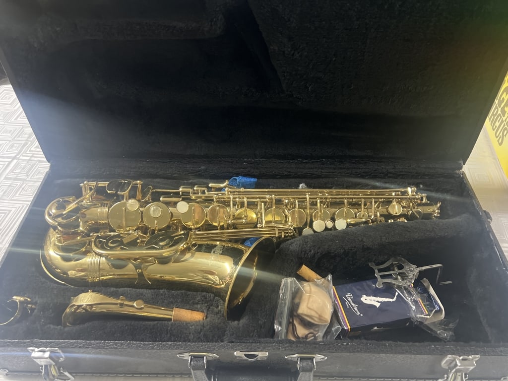 Alpine Woodwinds Alto Saxaphone: Comes in original hard shell case for protection and storage. Alto saxophone designed with brass material and lacquer finish, offering durable construction for musicians. Condition is