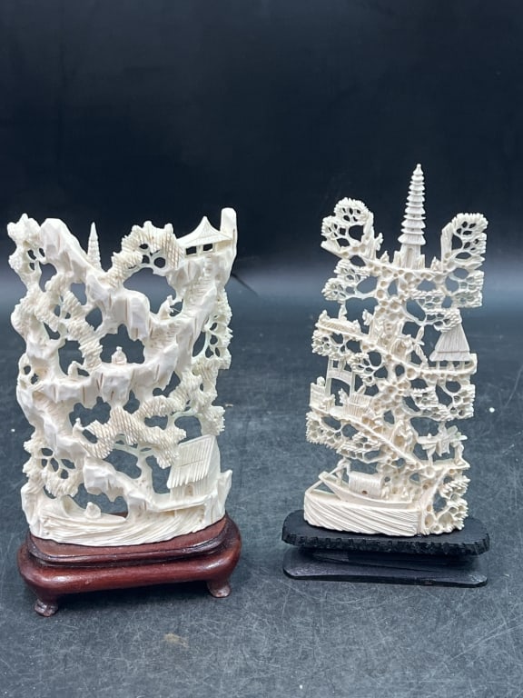 Chinese Village Scene: Total of 2 pieces in this lot. Both scenes have villages with people, houses, temples etc. Measures 6" x 3.4" and 7 1/4" x 2.5". Condition is consistent with age, see pictures. No refunds