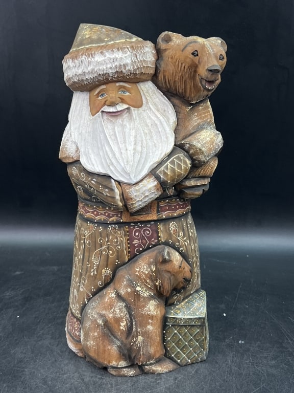 G DeBrekht Russian Santa Claus: hand carved from linden wood and hand painted. Featuring "Grandfather Frost" with bears. Eastern European techniques. Measures about 13" x 6". Condition is good, see pictures. No refunds