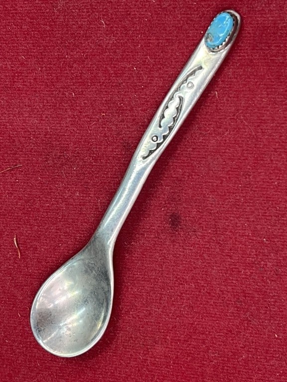 Navajo Sterling Silver Spoon with Turquoise: Stone on the handle by artist Anthony Skeet. Sterling silver with turquoise inlay. Navajo etching on stem and signed on back. Circa early to mid 20th century. Condition appears good, see