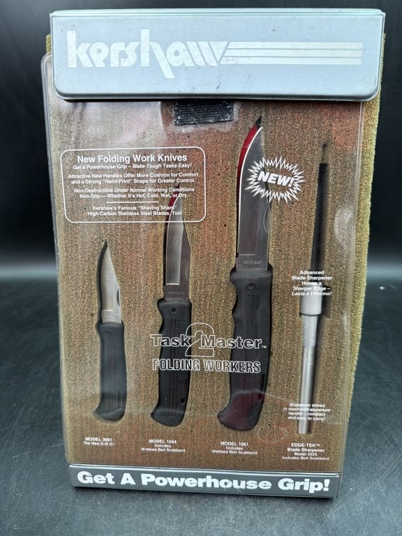 Kershaw Task Master Folding Workers: Includes in set Model 3001, Model 1044, Model 1061 and Model 2525. Condition is consistent with age and use, see pictures. No refunds given.