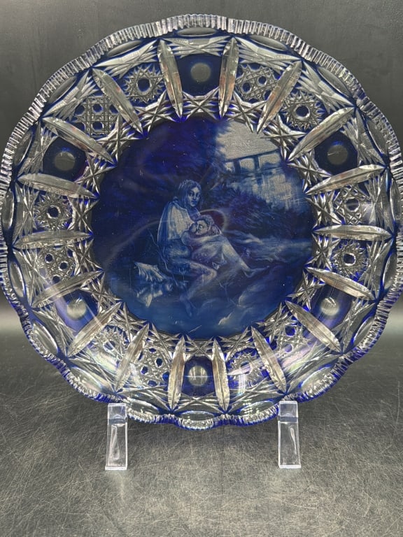 Bohemian Cobalt Blue Cut to Cear Crystal: Mid century piece. Features intricate star and pinwheel pattern common in high quality lead crystal. Central medallion appears to depict a Nativity scene or religious figure with child. High quality