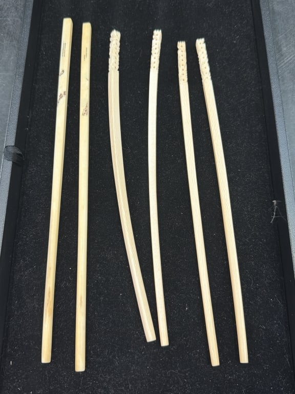 Vintage Asian Chopsticks: Total of 3 pairs in this lot. 2 pairs have carvings on the end. Condition is consistent with age and use, see pictures. No refunds given.