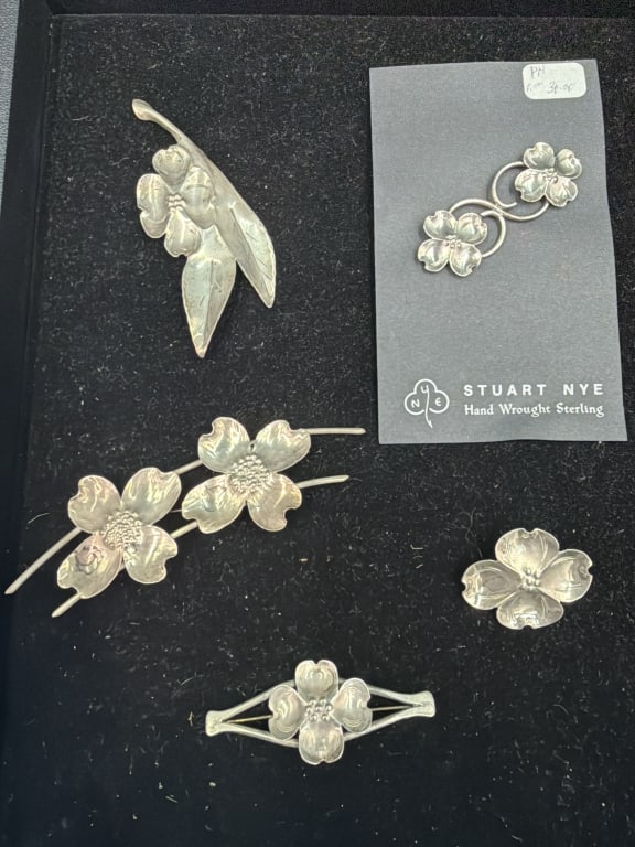Stuart Nye Hand Wrought Sterling Jewelry: Total of 5 brooches and one on original hang card. They weigh 38.2g and condition is consistent with age and use. See pictures, no refunds given.
