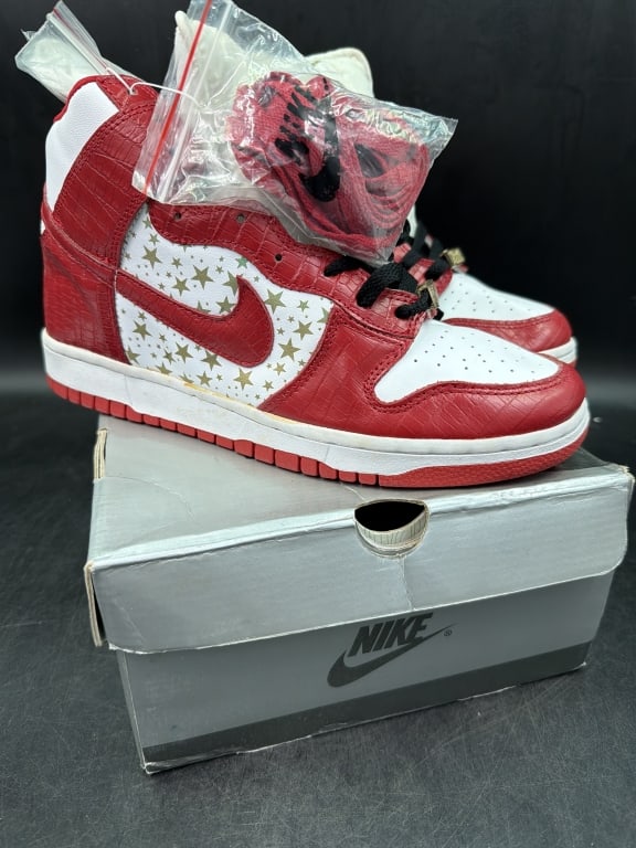 Supreme x Nike Dunk High Pro SB Red: US size 10 a must have for any sneakerhead. High top shoe shaft style and red/white color. Perfect for any occasion. See pictures, condition appears good. No refunds given.