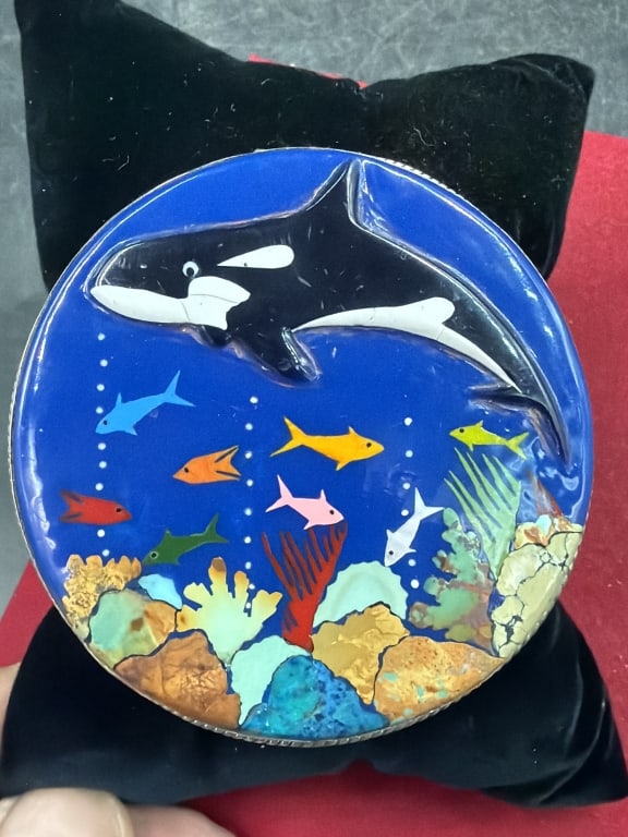 200Zuni Inlay Cuff Bracelet 'Large' Glodove: Super large silver Undersea scene by Glodove. Signed by artist. Condition appears good. Weighs 149.0g and condition is good, see pictures. Solid heavy cuff bracelet. No refunds given.