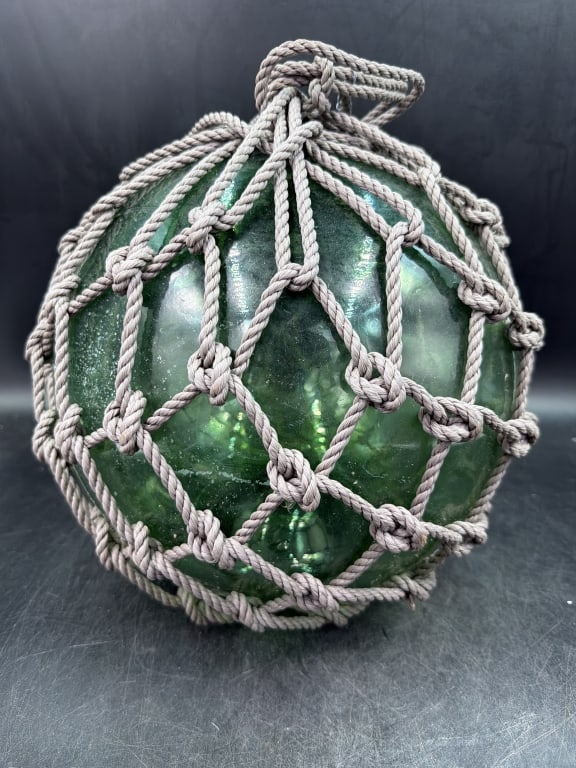 Antique 'Large' Japense Fishing Float Green w/Rope (1 of 3)