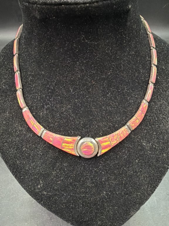 Sterling Silver Necklace with Inlay Pink Fire Opal: Great piece that condition is in good condition. Nice Pink Fire Opal necklace that weighs 22.6g. Condition is good, see pictures. No refunds given.