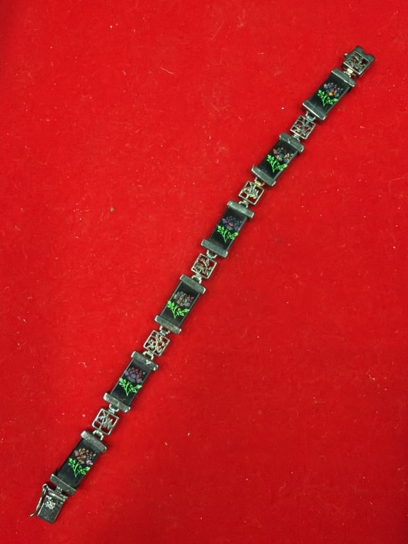 Sterling Silver Panel Bracelet: Chinese sterling silver panel bracelet featuring floral opal design. Weighs 10.5g and measures 7.5". Condition is good, see pictures. No refunds given.